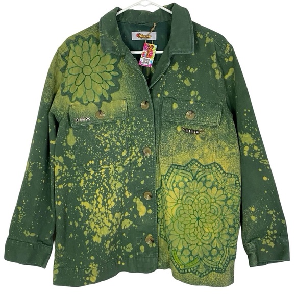 Hand Crafted Jackets & Blazers - Handmade Upcycled Denim Jacket Womens Large Army Green Mandala Floral Stencil